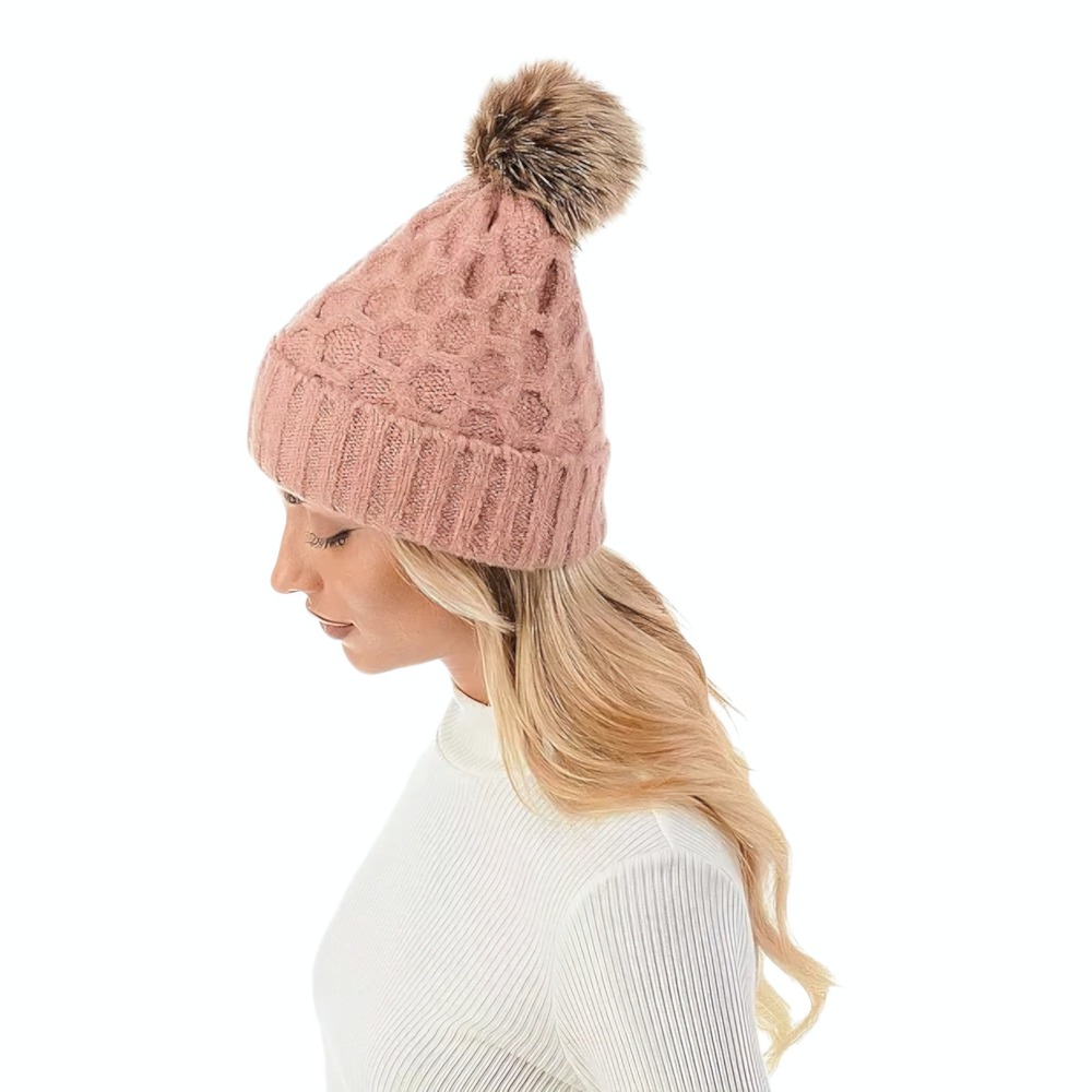 Marcus Adler Cable Knit Pom Beanie Mauve Faux‎ Fur Cuff One Size